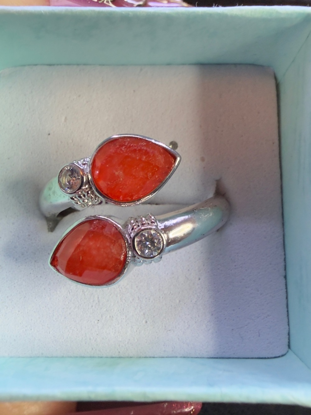 Rhodium Plated Ring with Red/Orange Teardrop Quartz 💎